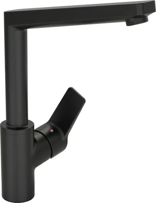 Schwarze Küchenarmatur mit einem Hebel und langer Ausladung. HANSATWIST-Modell, schlichtes Design für die Installation am Waschbecken oder in der Küche.